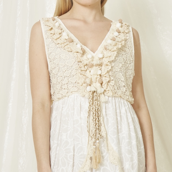White Lace Cutout Embroidered Sleeveless Maxi Dress w/ Tassels made in Italy - Picture 4 of 14